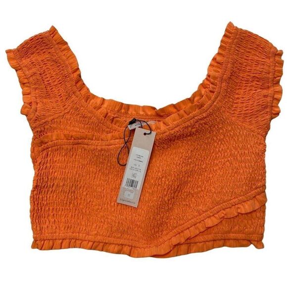 BCBGeneration Crop Top Women's SMALL Orange Smocked Off-The-Shoulder Stretch NEW - Picture 5 of 12